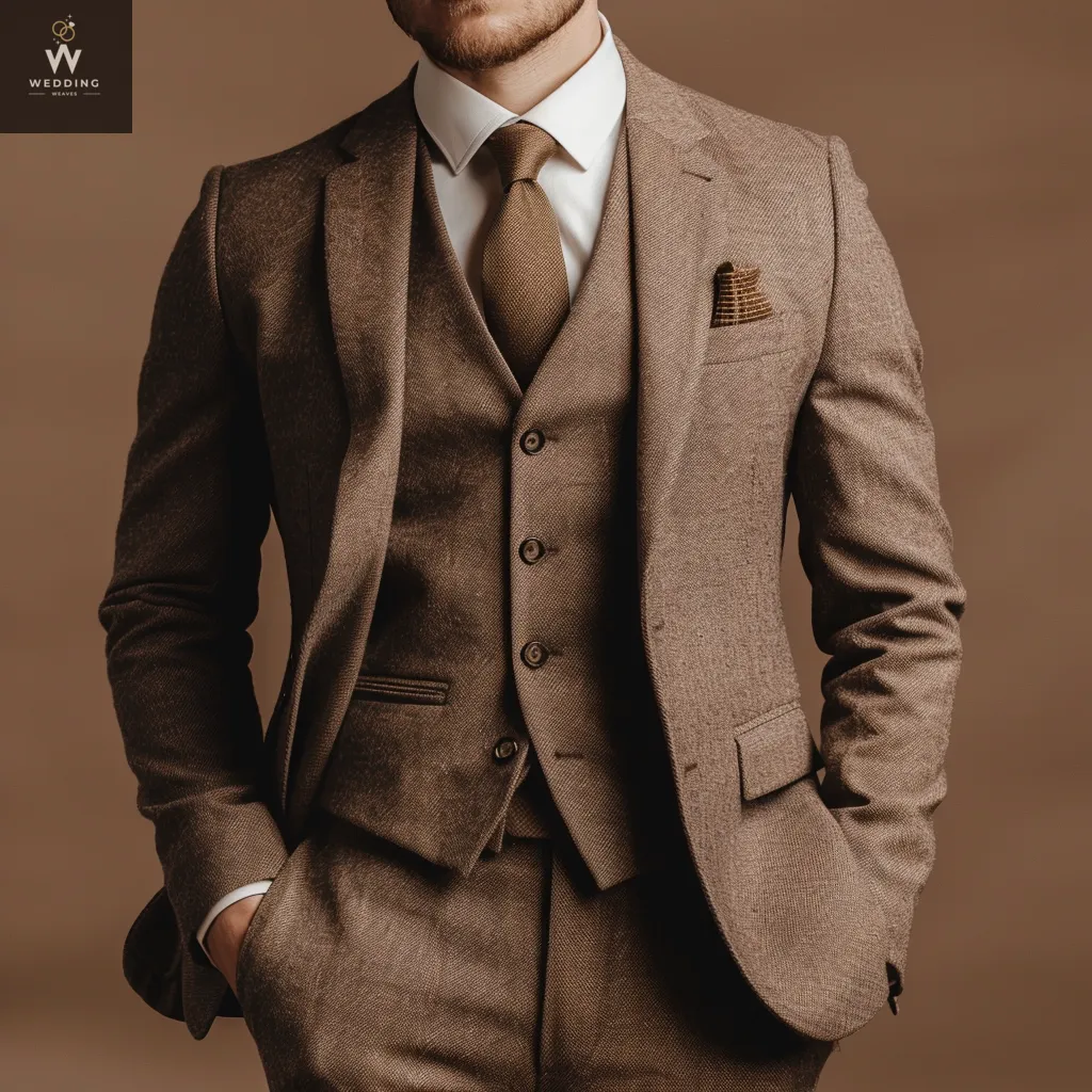 Men's Brown Three-Piece Suit – Bespoke Wedding Attire, Custom Tailored Suits for Men