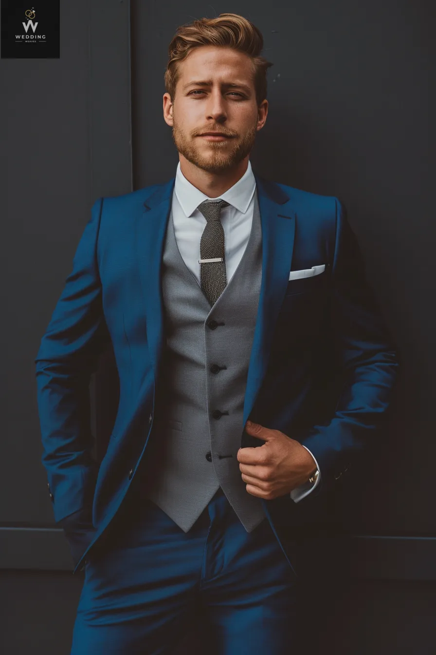 Men's Custom Navy Blue Three-Piece Suit - Bespoke Double-Breasted Wedding Attire