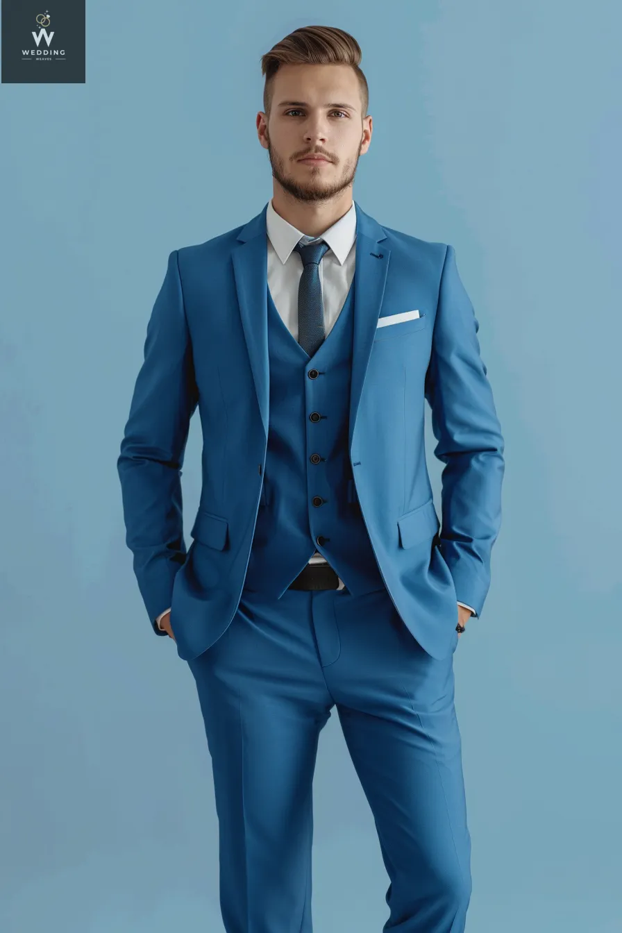 Men's Custom Navy Blue Three-Piece Suit - Bespoke Wedding Suit, Tailored Wedding Attire for Men