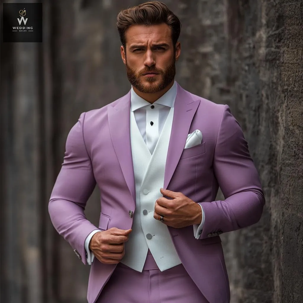 Men's Mauve Three-Piece Suit – Bespoke Wedding Attire with White Vest