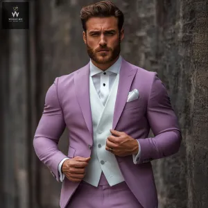 Men's Mauve Three-Piece Suit – Bespoke Wedding Attire with White Vest