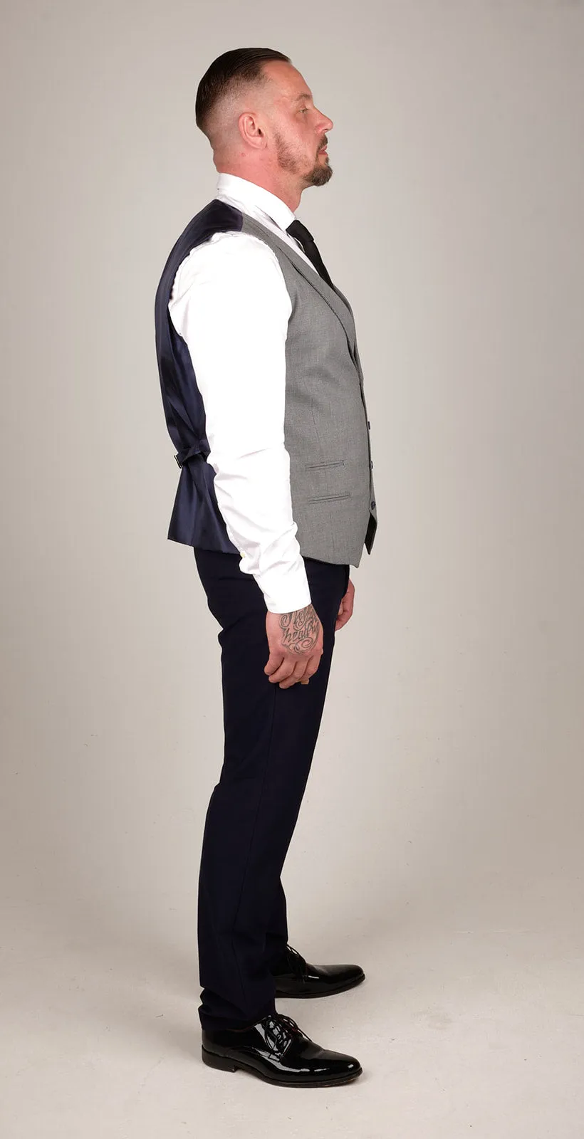 Mens Navy Blue 3 Piece Suit with Contrasting Grey Waistcoat | Wedding Suit | Office Wear