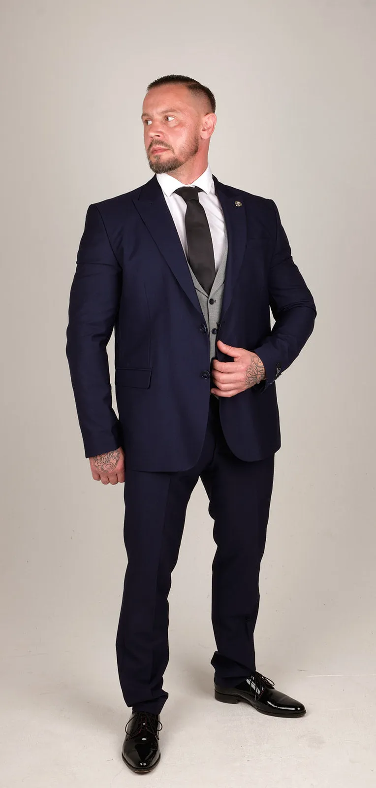 Mens Navy Blue 3 Piece Suit with Contrasting Grey Waistcoat | Wedding Suit | Office Wear