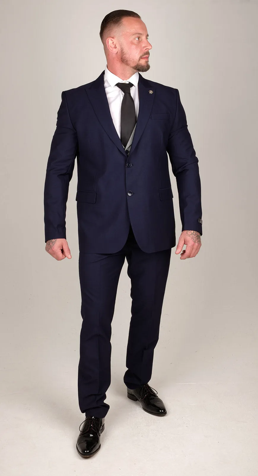 Mens Navy Blue 3 Piece Suit with Contrasting Grey Waistcoat | Wedding Suit | Office Wear