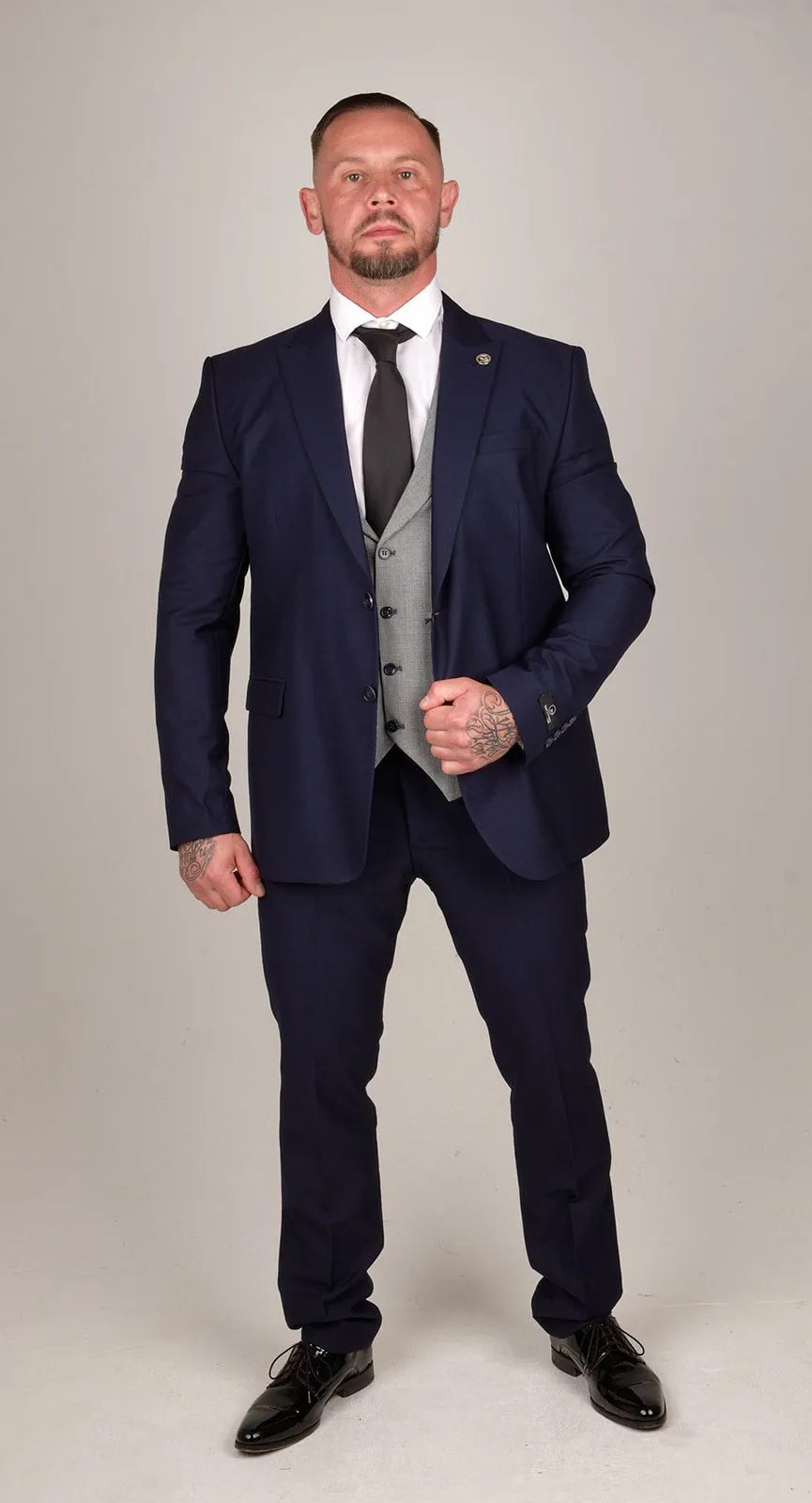 Mens Navy Blue 3 Piece Suit with Contrasting Grey Waistcoat | Wedding Suit | Office Wear