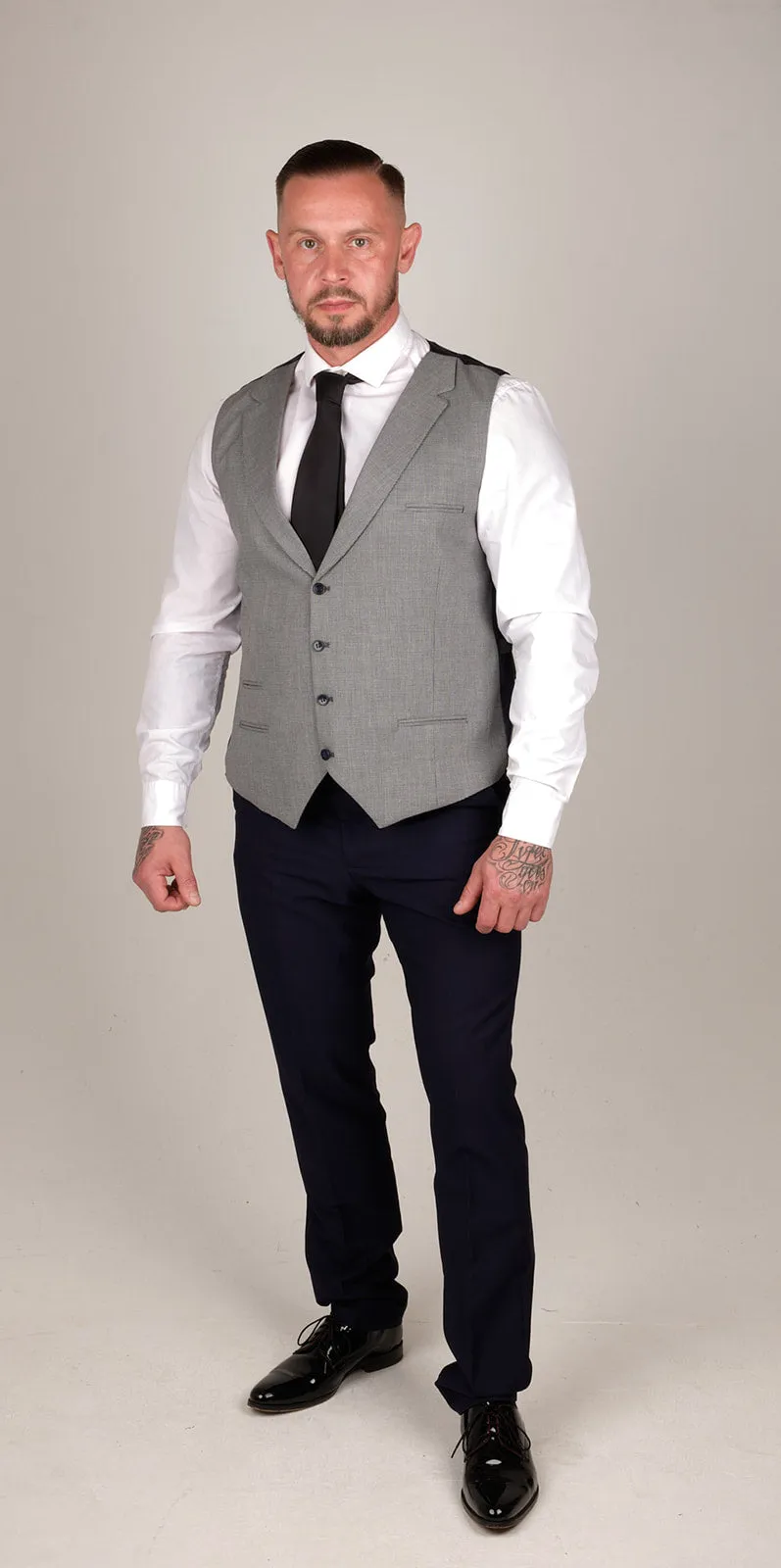 Mens Navy Blue 3 Piece Suit with Contrasting Grey Waistcoat | Wedding Suit | Office Wear