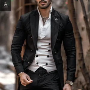 Men's Stylish Black Three-Piece Suit – Custom Made Bespoke Wedding Attire with White Double-Breasted Waistcoat