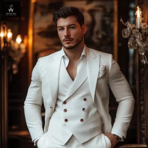 Men's Stylish White Three-Piece Suit – Custom Made Bespoke Wedding Attire