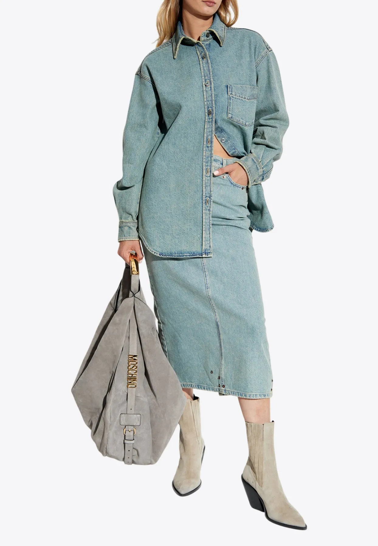 Mid-Rise Midi Denim Skirt