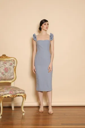 MILAGROS Semi Sweetheart Ruffle Sleeve Top with Pencil Midi Skirt (Serenity Blue Linen)