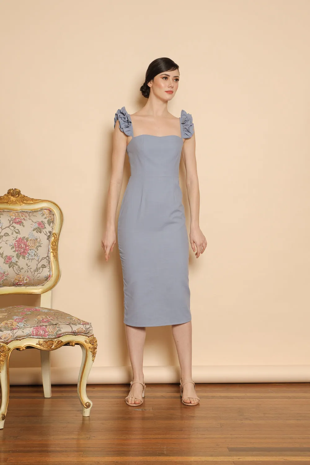 MILAGROS Semi Sweetheart Ruffle Sleeve Top with Pencil Midi Skirt (Serenity Blue Linen)