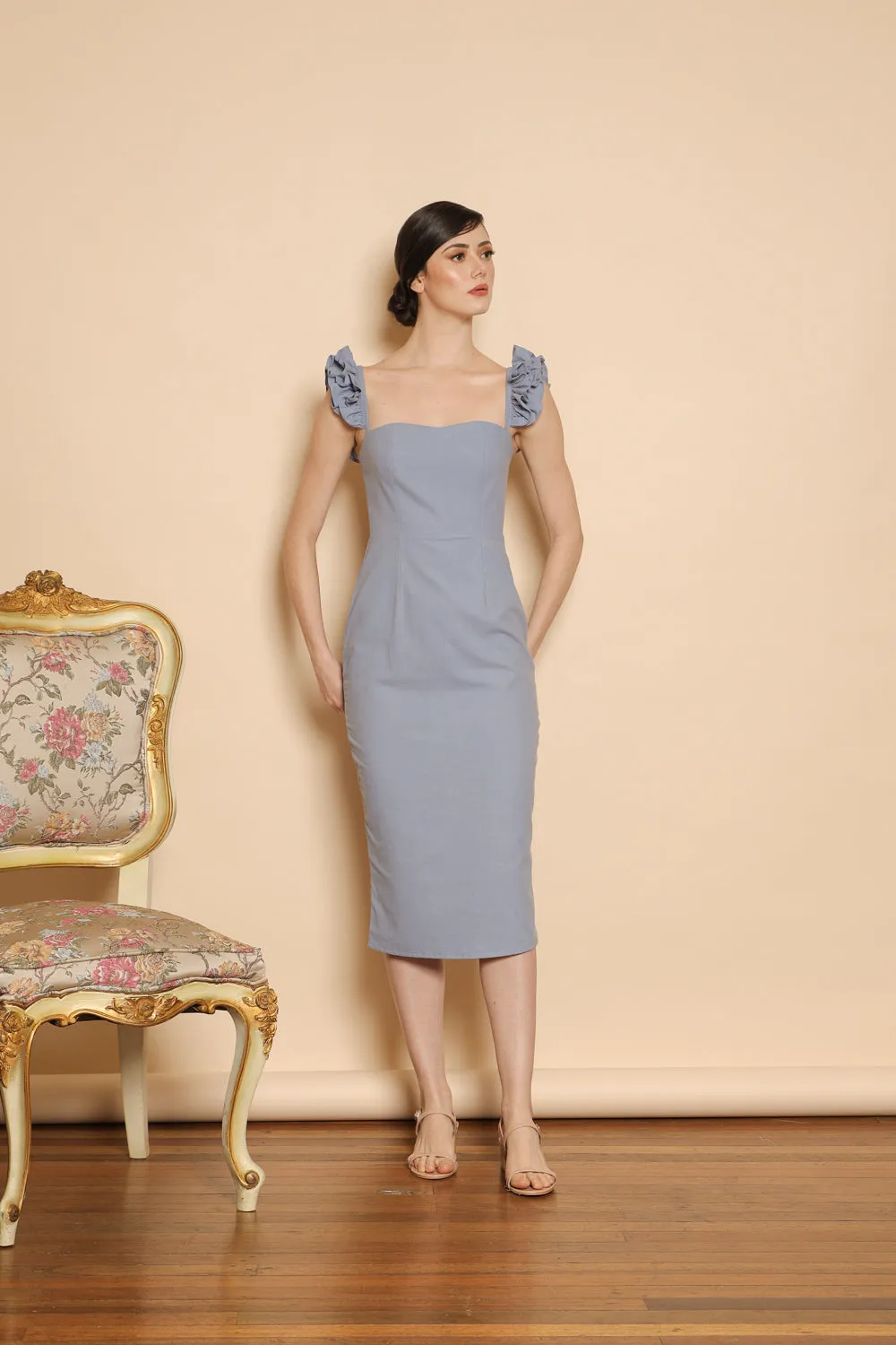 MILAGROS Semi Sweetheart Ruffle Sleeve Top with Pencil Midi Skirt (Serenity Blue Linen)