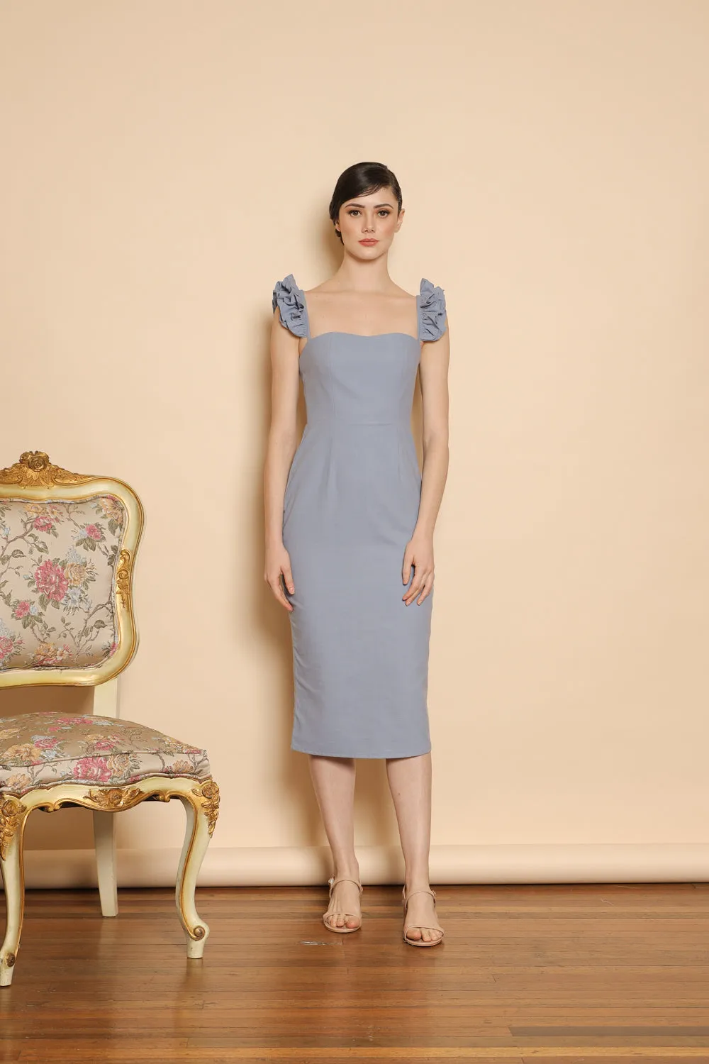 MILAGROS Semi Sweetheart Ruffle Sleeve Top with Pencil Midi Skirt (Serenity Blue Linen)