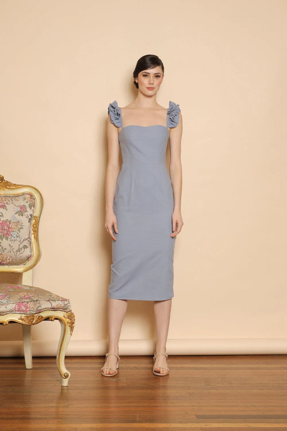 MILAGROS Semi Sweetheart Ruffle Sleeve Top with Pencil Midi Skirt (Serenity Blue Linen)