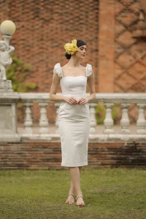 MILAGROS Semi Sweetheart Ruffle Sleeve Top with Pencil Midi Skirt (White Linen)