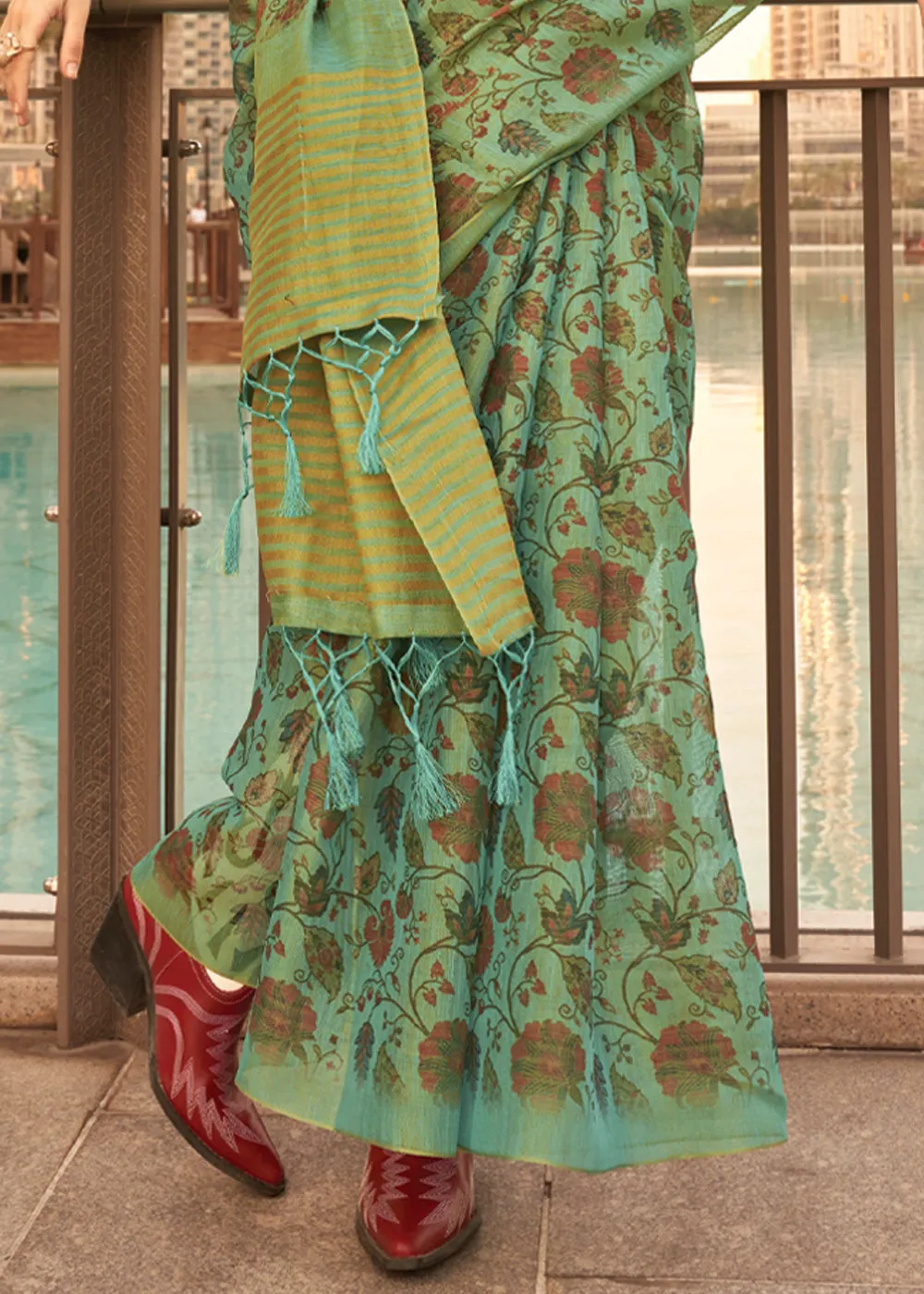Mint Green Printed Tissue Banarasi Silk Saree