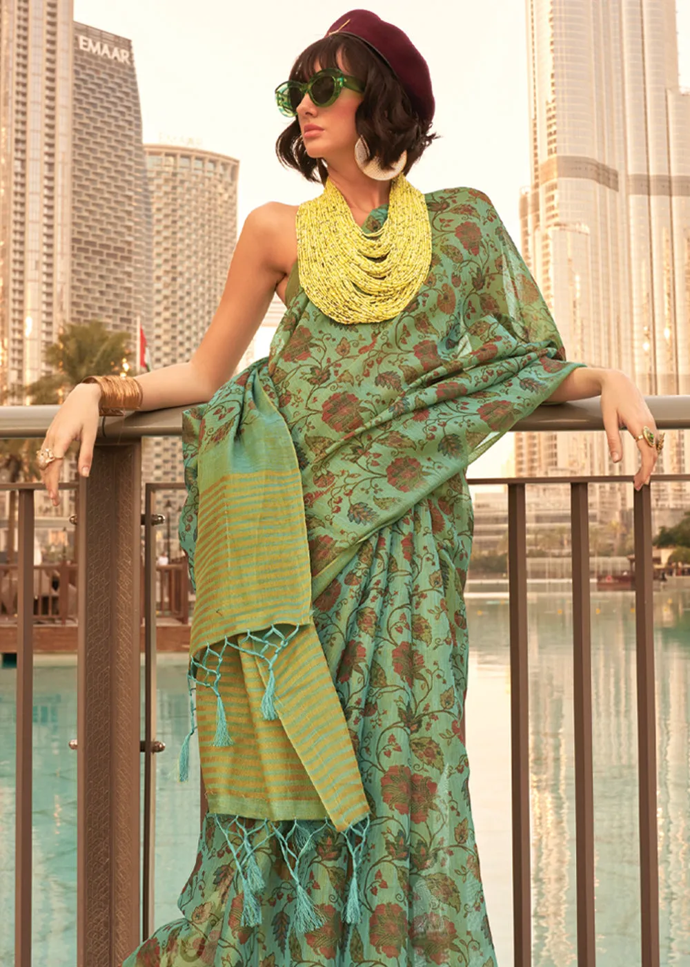 Mint Green Printed Tissue Banarasi Silk Saree