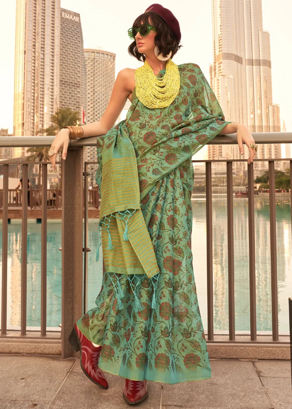 Mint Green Printed Tissue Banarasi Silk Saree