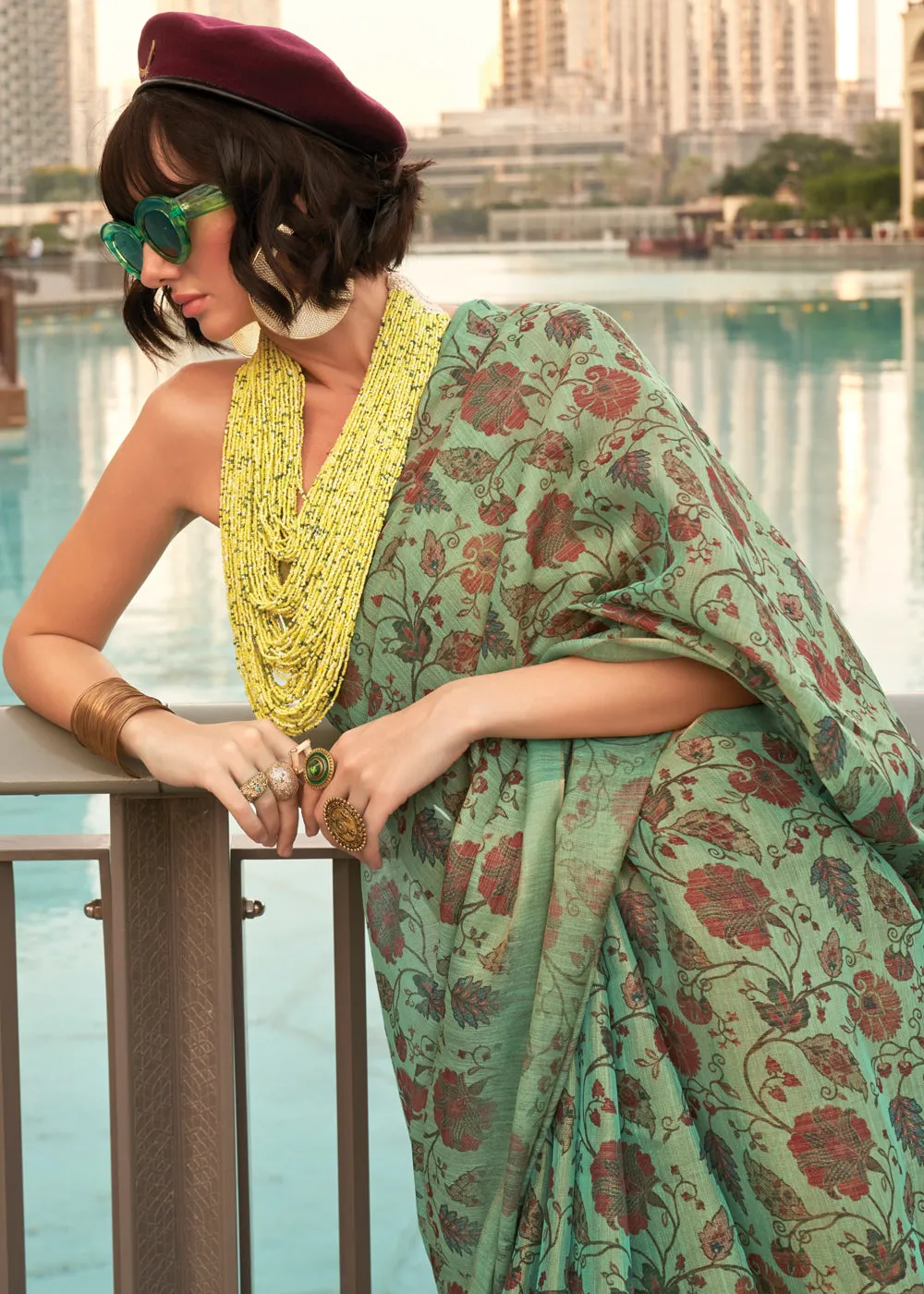 Mint Green Printed Tissue Banarasi Silk Saree