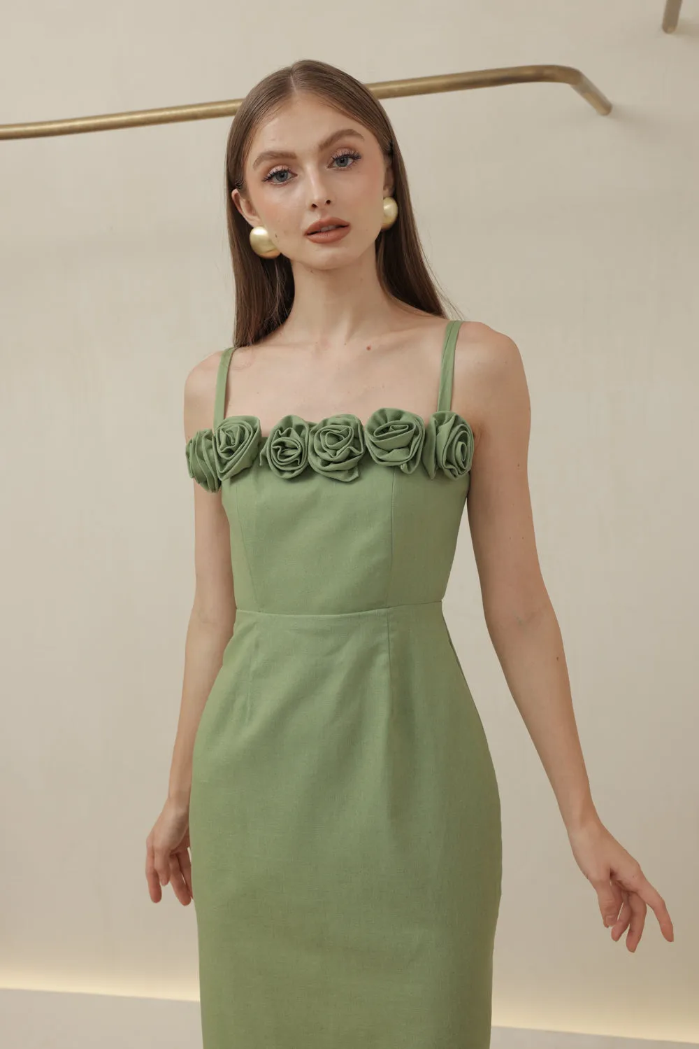 MONET DRESS Straight Neckline Strappy Midi Pencil Skirt Dress with Floral Details (Avocado Green Linen)