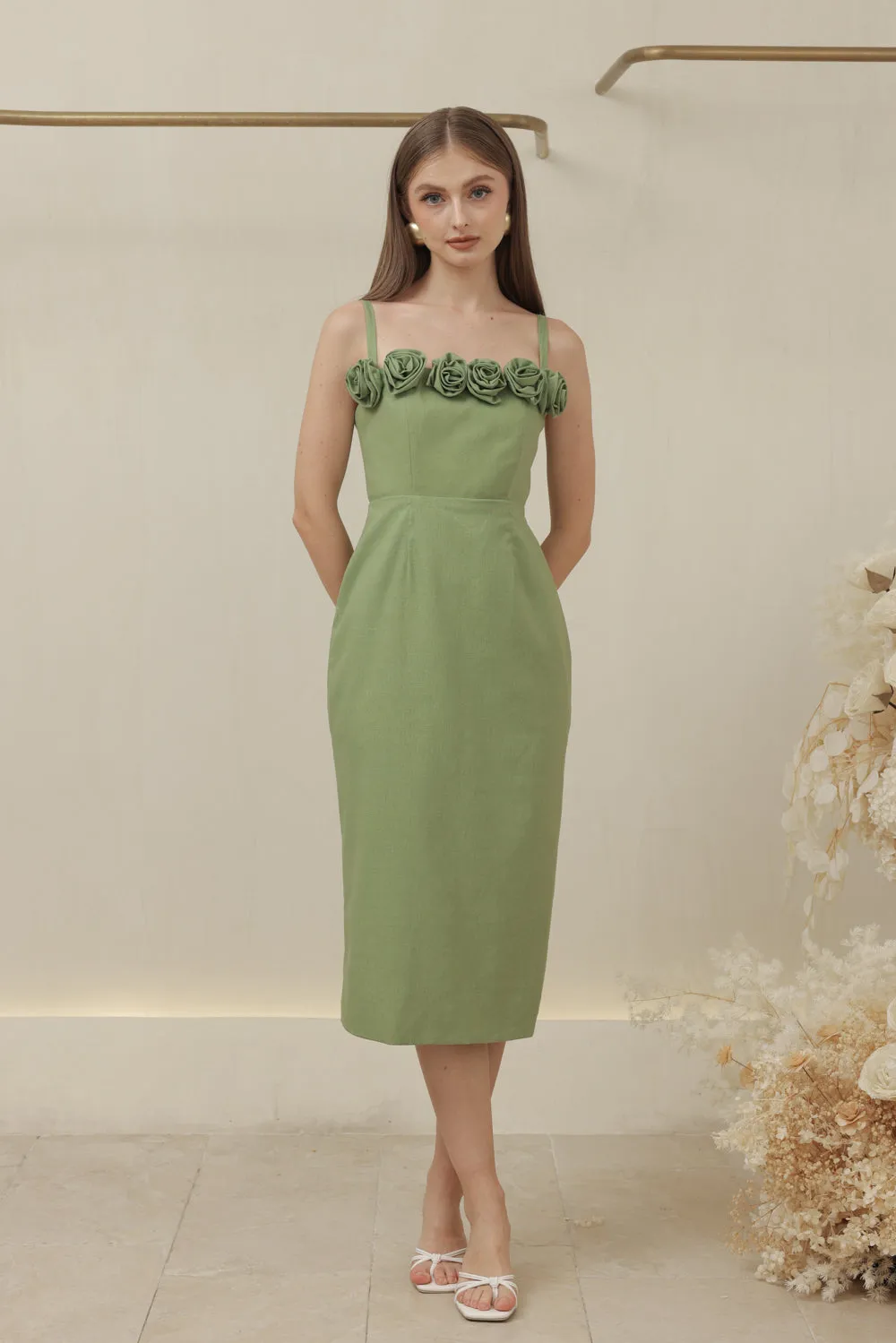 MONET DRESS Straight Neckline Strappy Midi Pencil Skirt Dress with Floral Details (Avocado Green Linen)