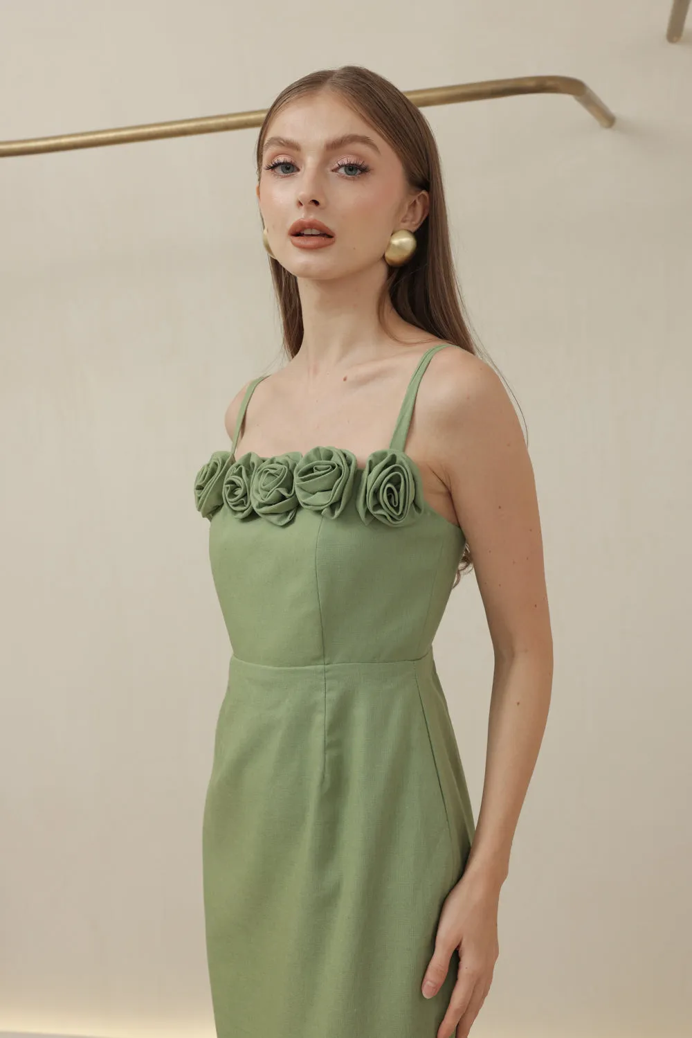MONET DRESS Straight Neckline Strappy Midi Pencil Skirt Dress with Floral Details (Avocado Green Linen)