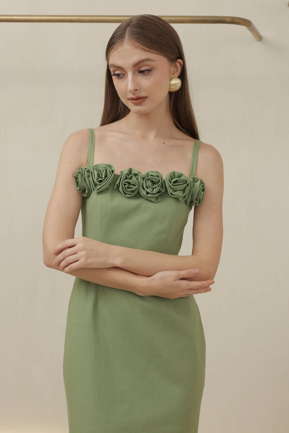 MONET DRESS Straight Neckline Strappy Midi Pencil Skirt Dress with Floral Details (Avocado Green Linen)