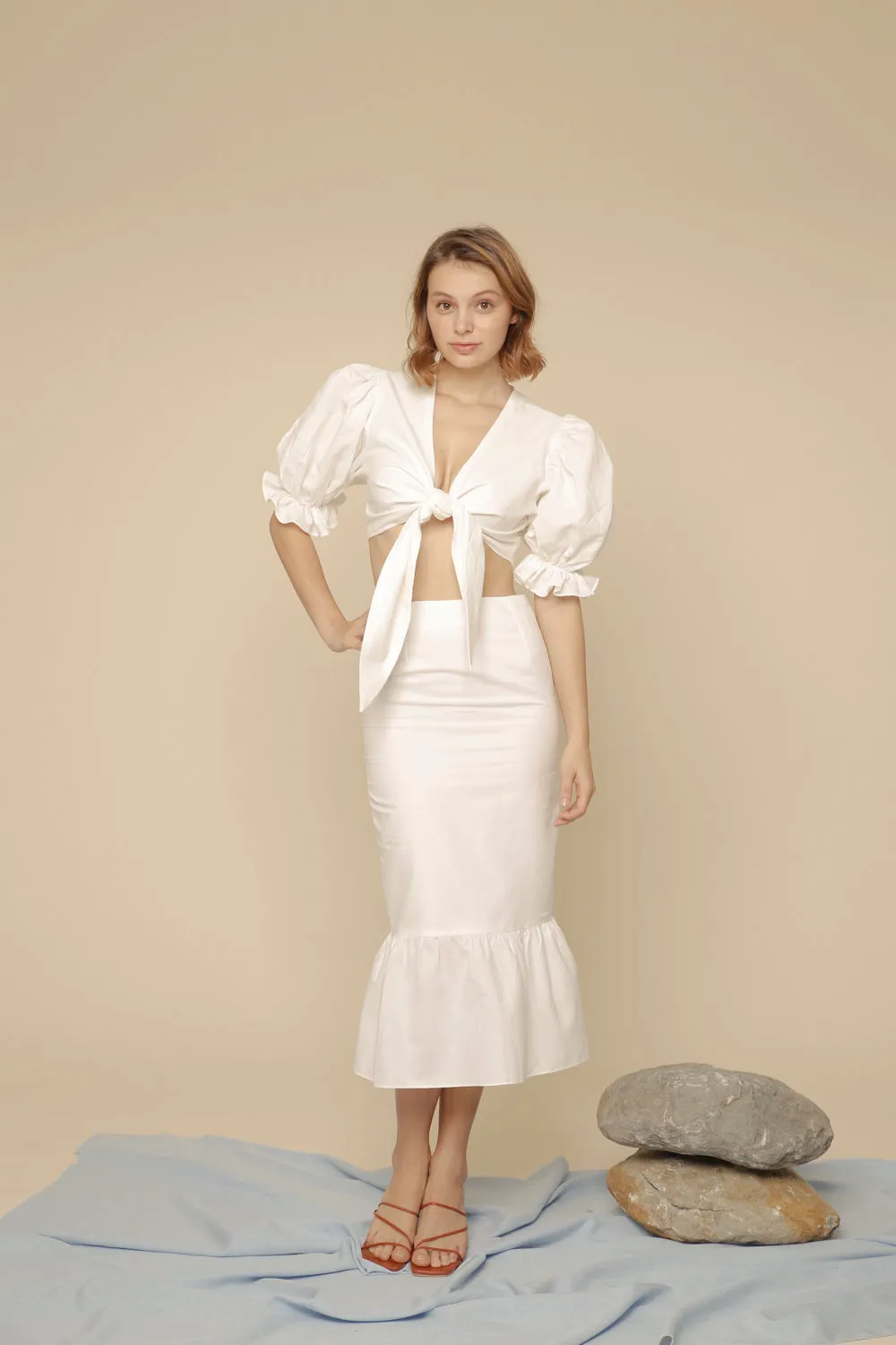 MONTSERRAT SET Puff Sleeve Tie Top and Ruffled Hem Pencil Skirt (White Linen)