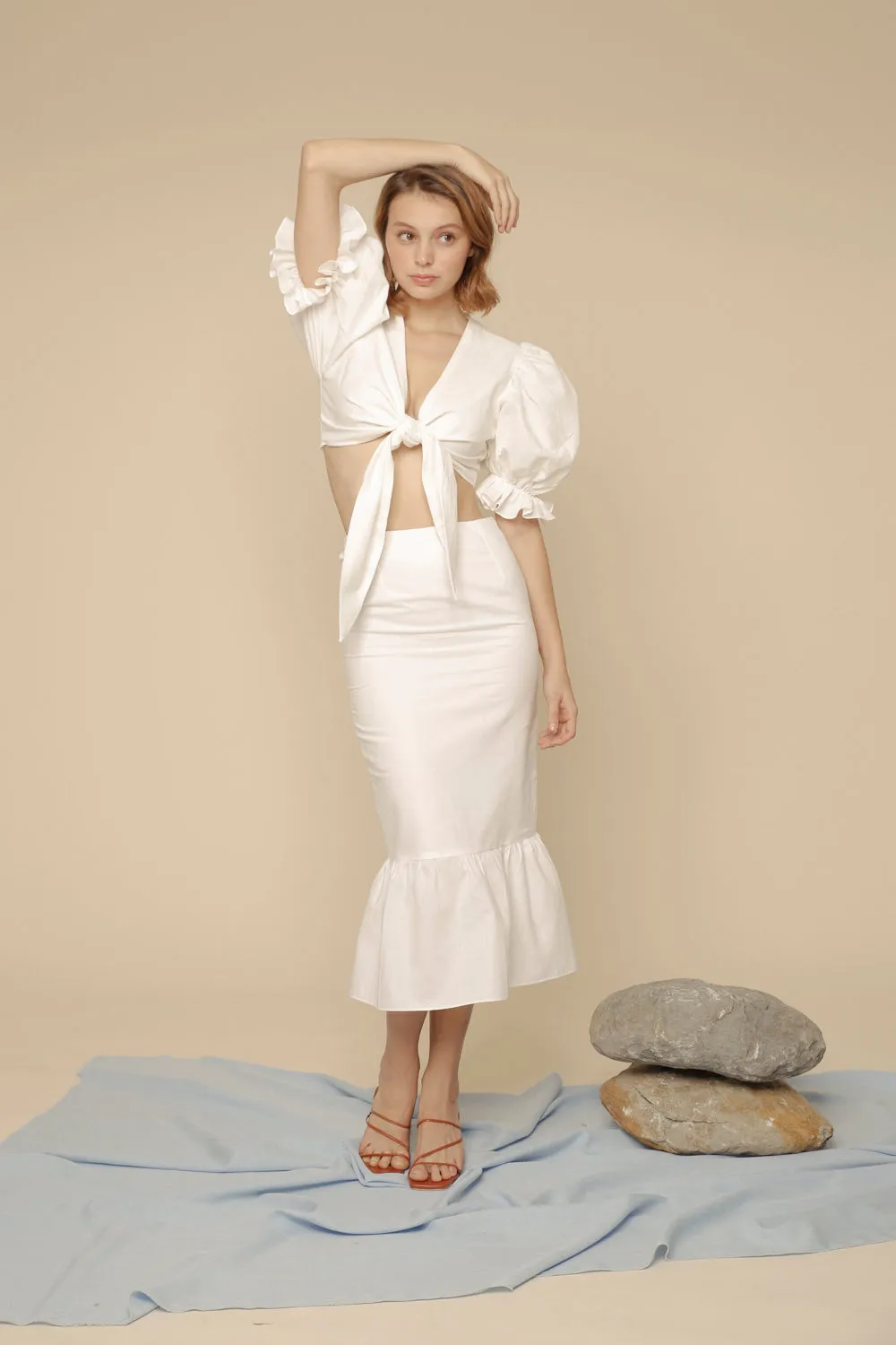 MONTSERRAT SET Puff Sleeve Tie Top and Ruffled Hem Pencil Skirt (White Linen)