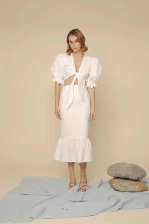 MONTSERRAT SET Puff Sleeve Tie Top and Ruffled Hem Pencil Skirt (White Linen)