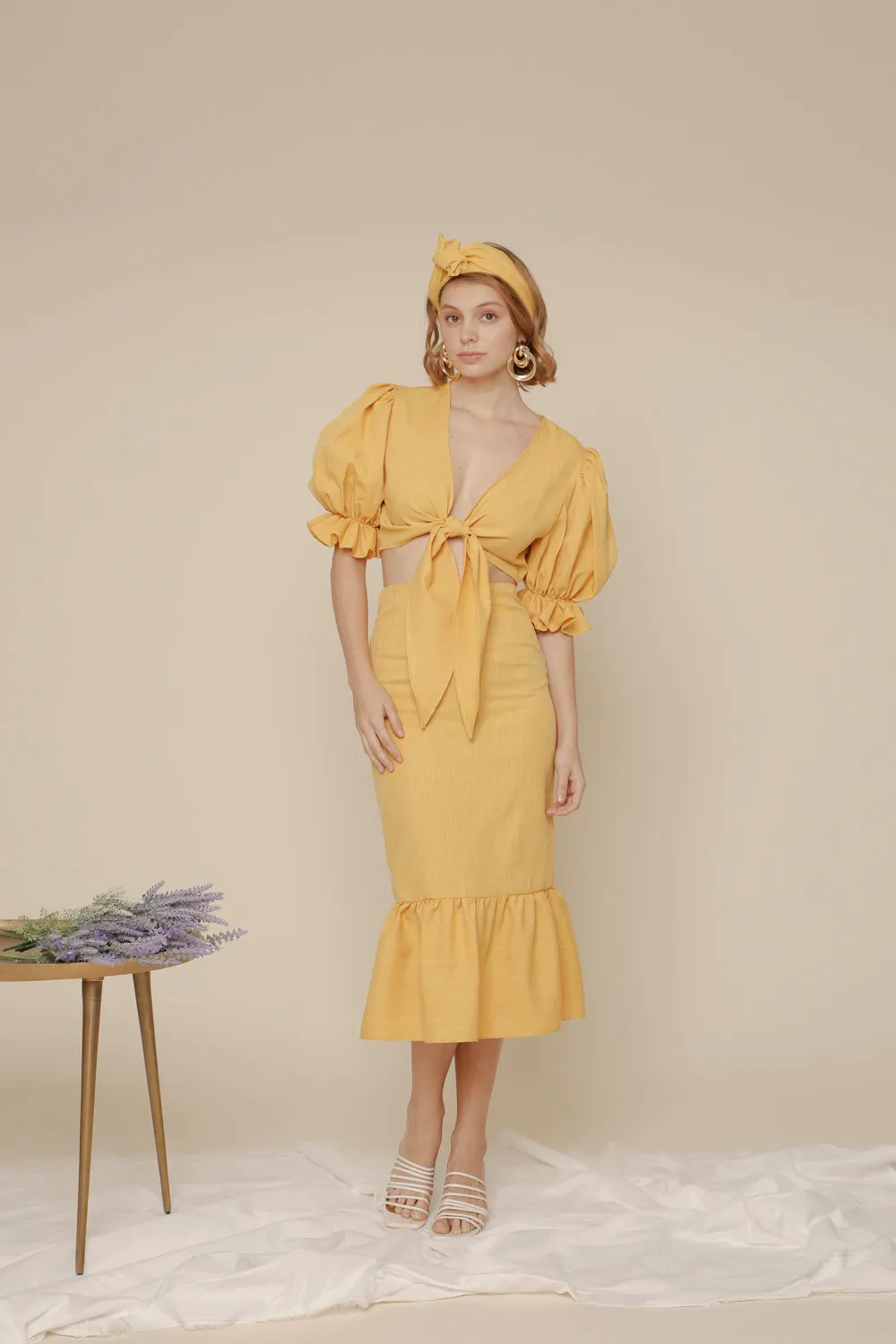 MONTSERRAT SET Puff Sleeve Tie Top and Ruffled Hem Pencil Skirt (Yellow Chambray)