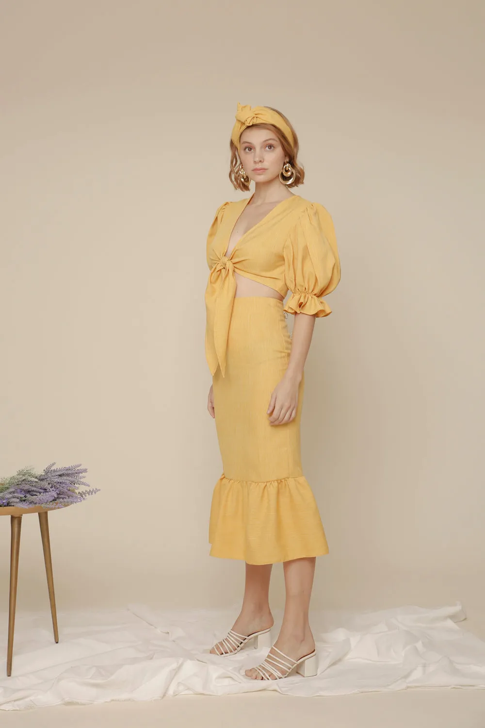 MONTSERRAT SET Puff Sleeve Tie Top and Ruffled Hem Pencil Skirt (Yellow Chambray)