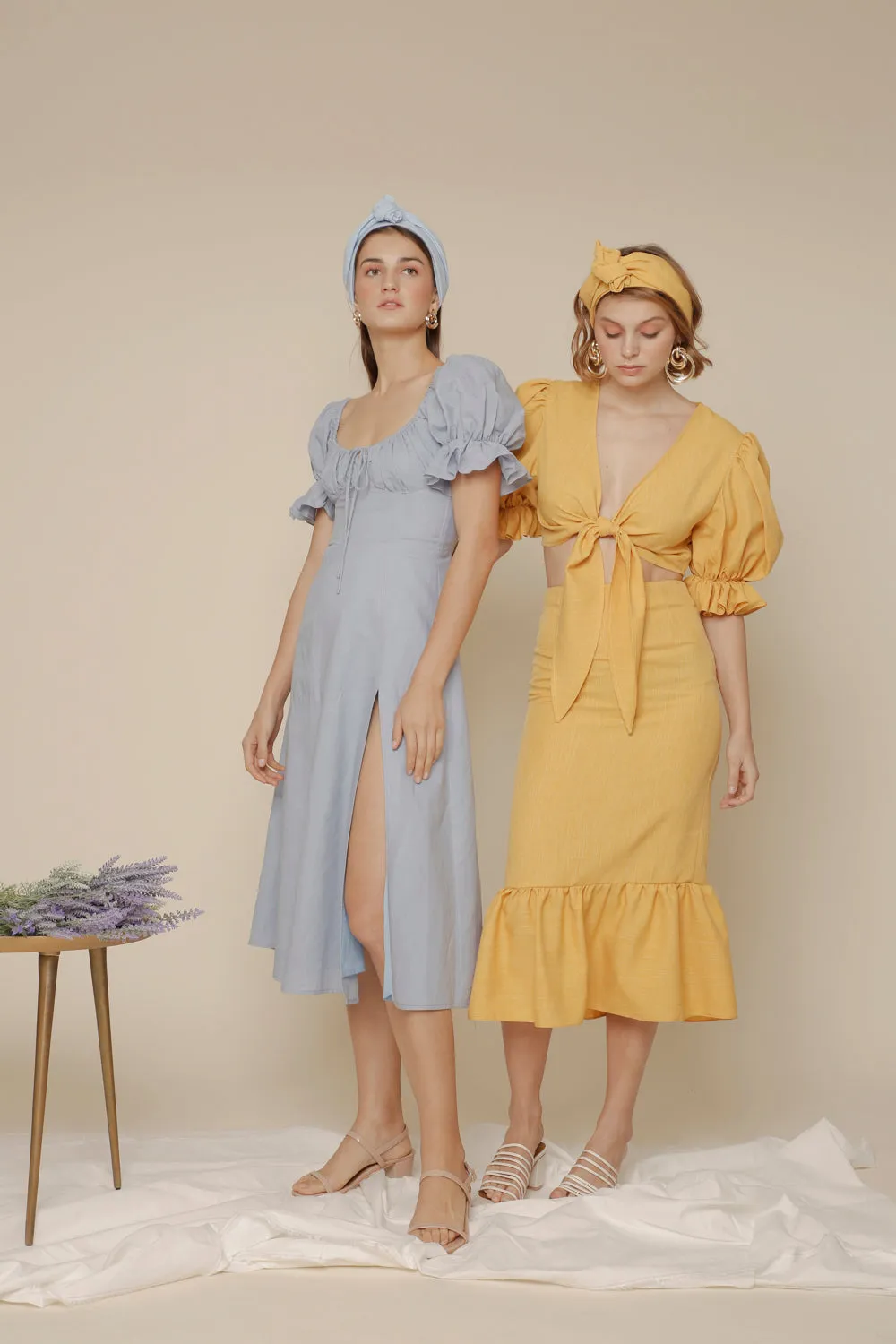 MONTSERRAT SET Puff Sleeve Tie Top and Ruffled Hem Pencil Skirt (Yellow Chambray)