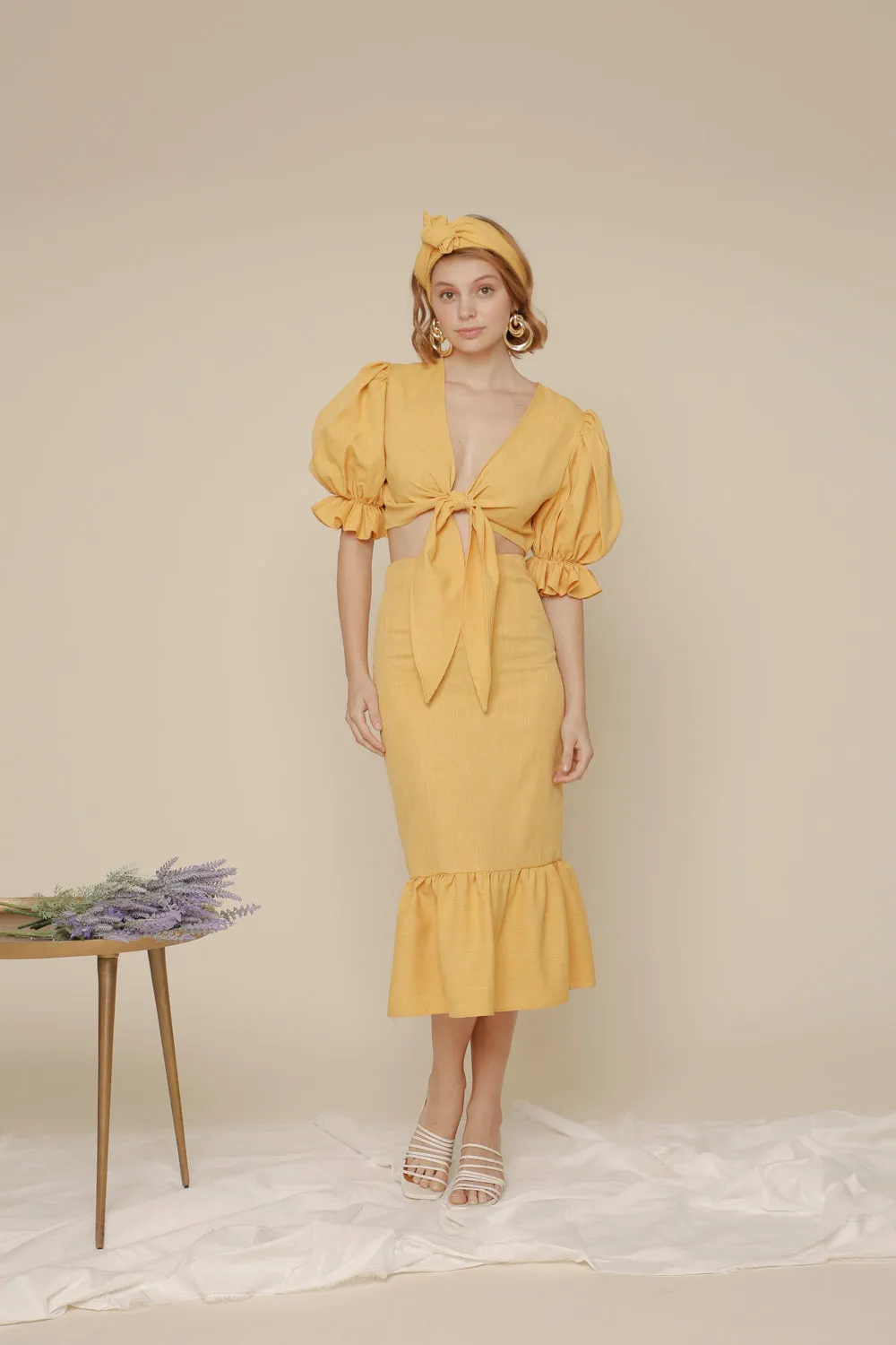 MONTSERRAT SET Puff Sleeve Tie Top and Ruffled Hem Pencil Skirt (Yellow Chambray)