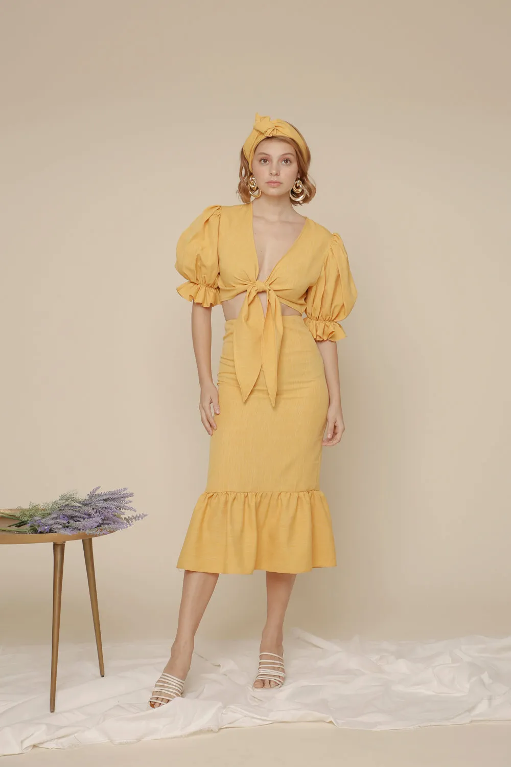 MONTSERRAT SET Puff Sleeve Tie Top and Ruffled Hem Pencil Skirt (Yellow Chambray)