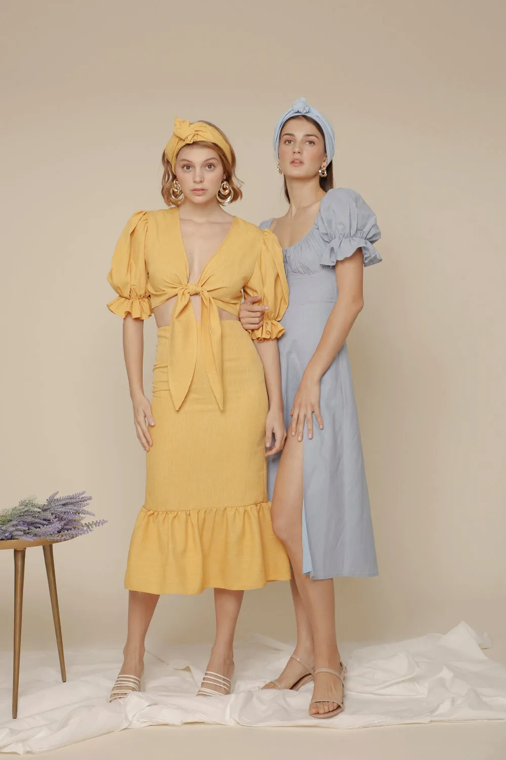 MONTSERRAT SET Puff Sleeve Tie Top and Ruffled Hem Pencil Skirt (Yellow Chambray)