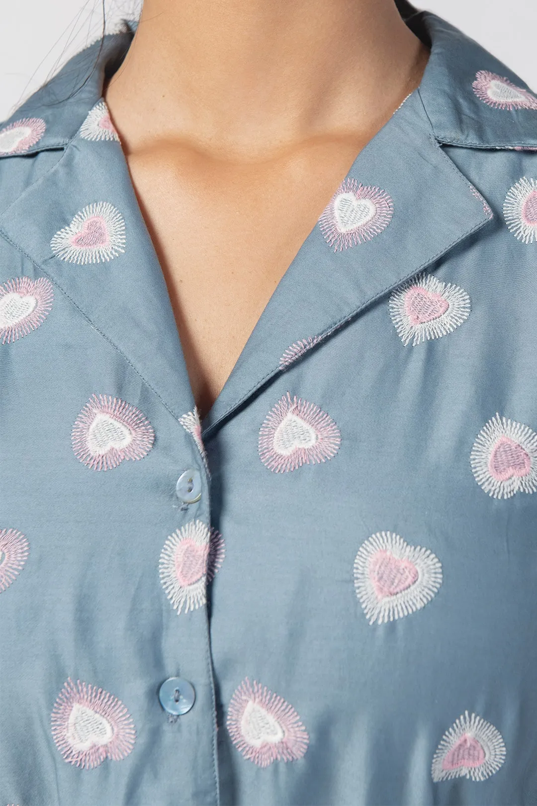 Mulmul Supima Cotton Caille Blue Top With Caille Blue Pant