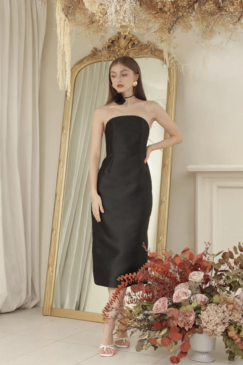 NANCY DRESS Curved Neckline Pencil Skirt Midi Dress with Floral Organdy Neckpiece (Black Dupioni)