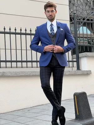 Napoli Blue Slim Fit Peak Lapel Combination Suit - Elegant Three-Piece Ensemble for Every Occasion
