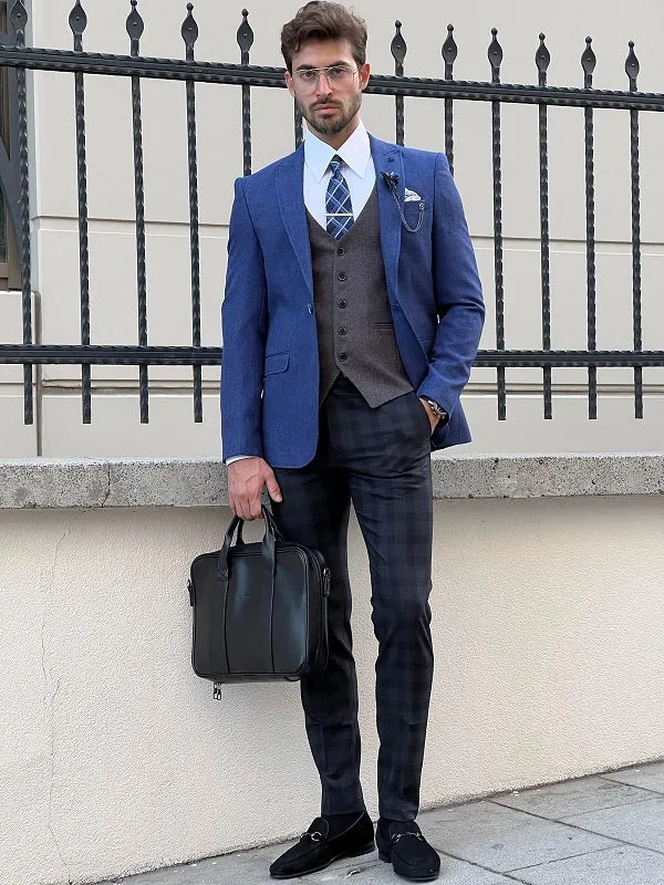 Napoli Blue Slim Fit Peak Lapel Combination Suit - Elegant Three-Piece Ensemble for Every Occasion