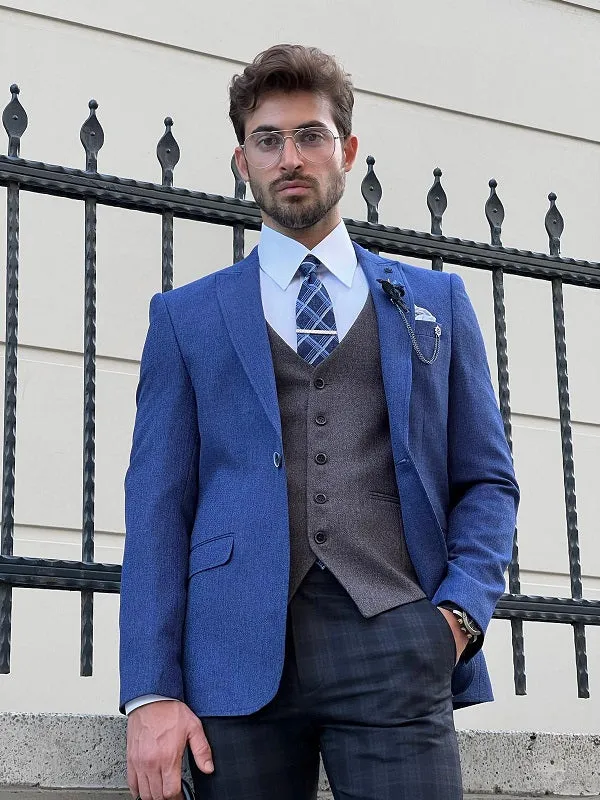 Napoli Blue Slim Fit Peak Lapel Combination Suit - Elegant Three-Piece Ensemble for Every Occasion