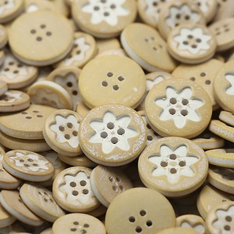 Natural Wood Buttons Floral Oval Triangular Patterns 30 Pack