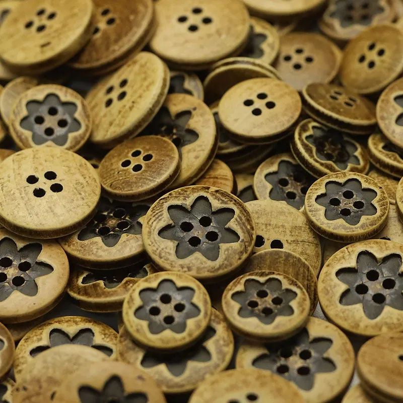 Natural Wood Buttons Floral Oval Triangular Patterns 30 Pack