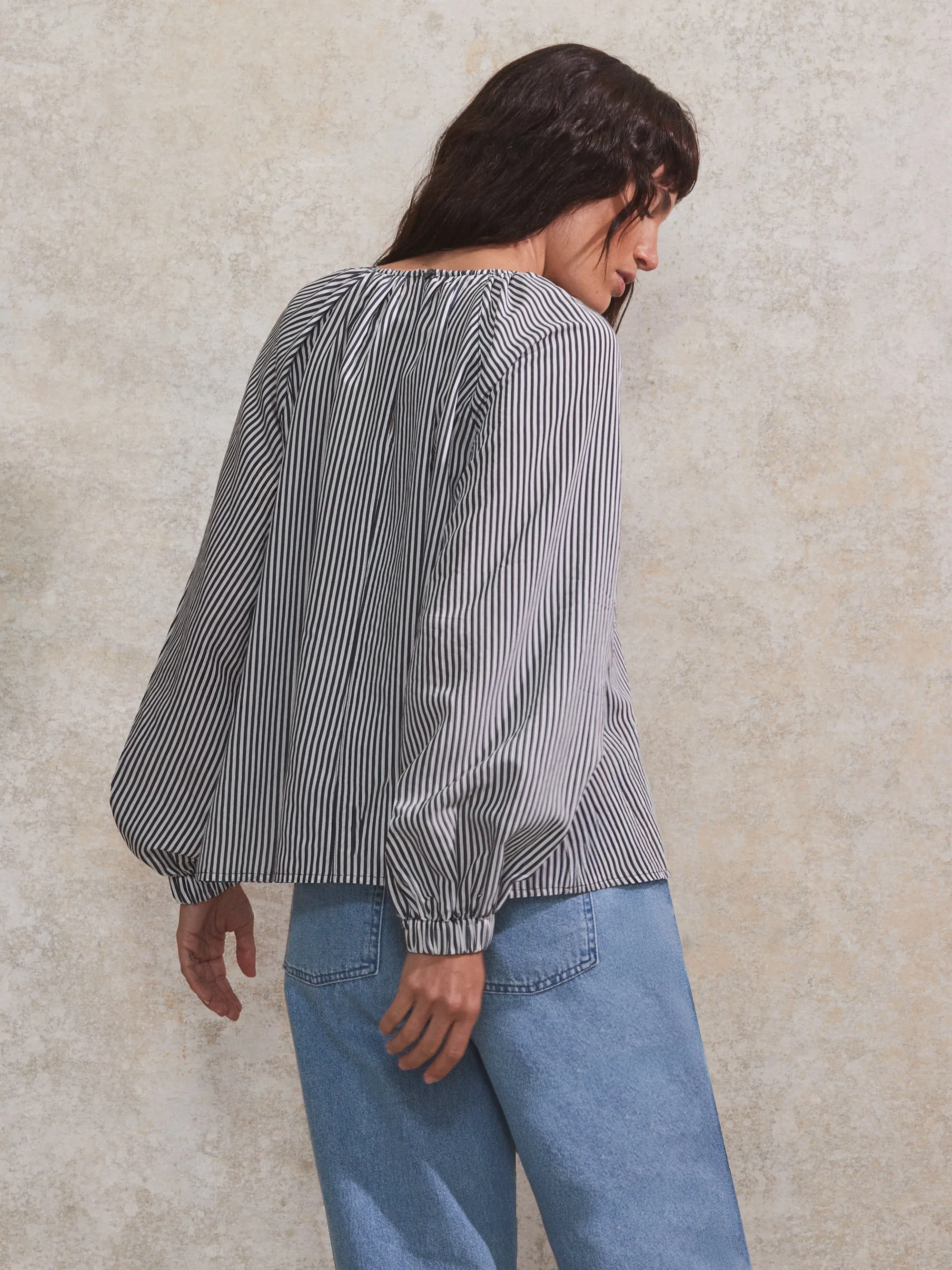 Navy Stripe Gathered Neck Blouse