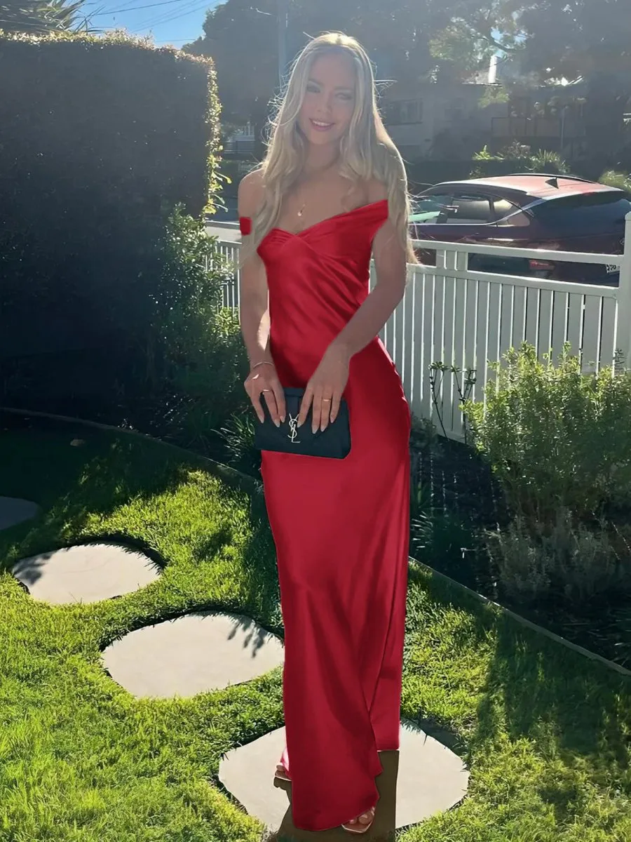 Off the Shoulder Sheath Satin Long Prom Dresses