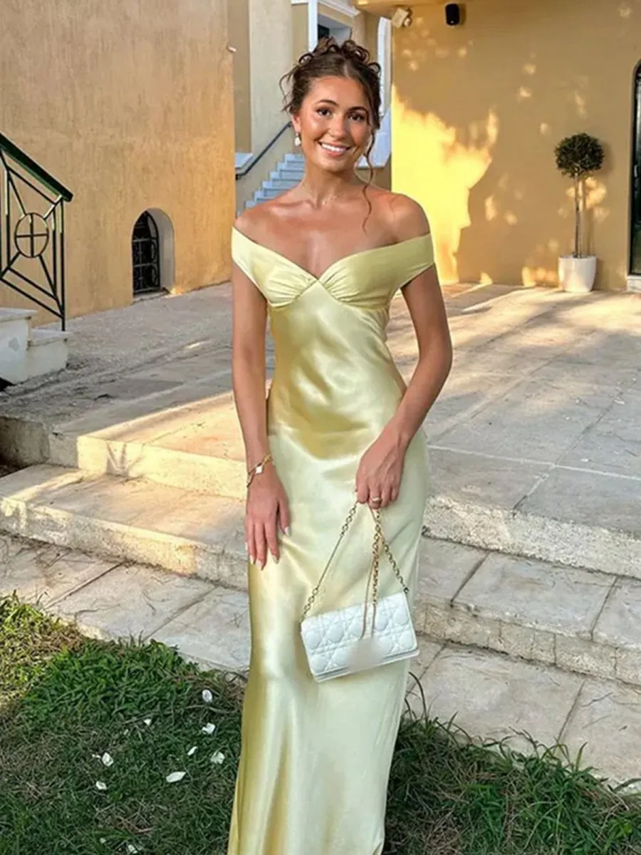 Off the Shoulder Sheath Satin Long Prom Dresses