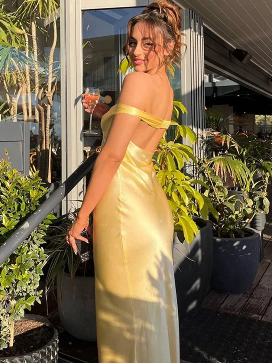 Off the Shoulder Sheath Satin Long Prom Dresses