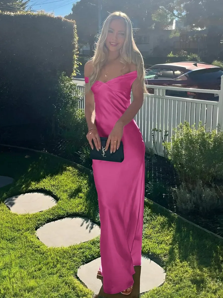 Off the Shoulder Sheath Satin Long Prom Dresses