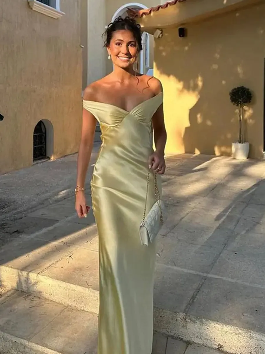 Off the Shoulder Sheath Satin Long Prom Dresses