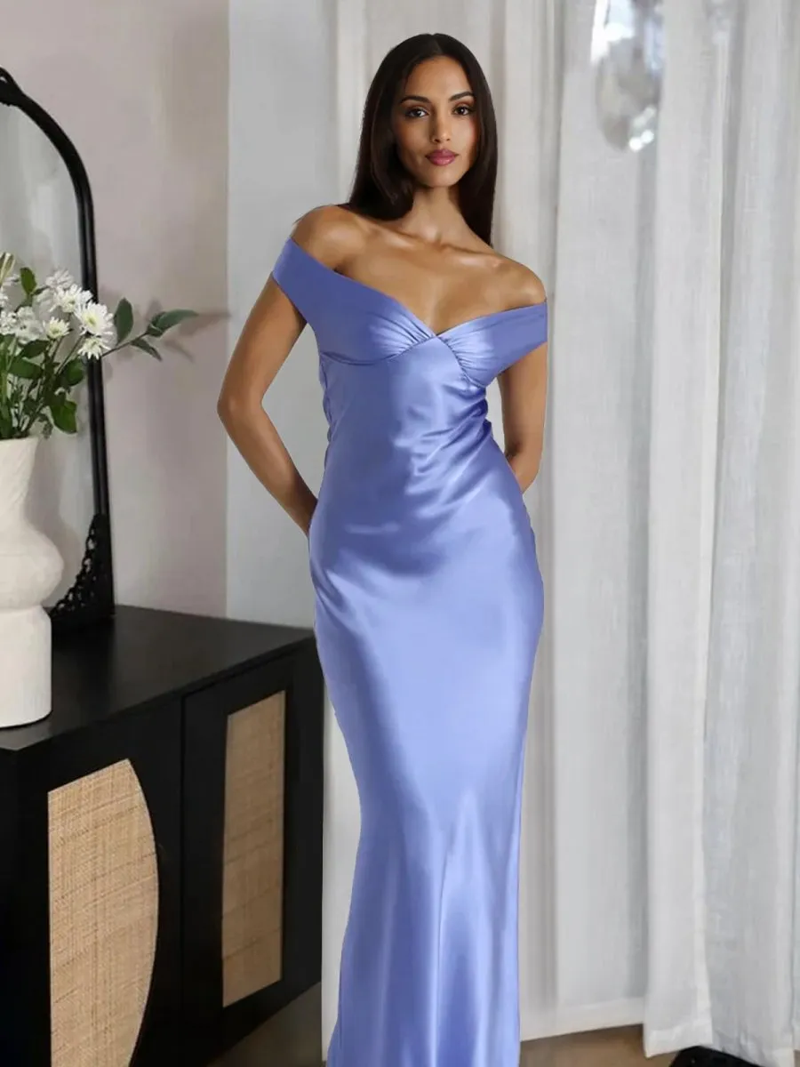 Off the Shoulder Sheath Satin Long Prom Dresses